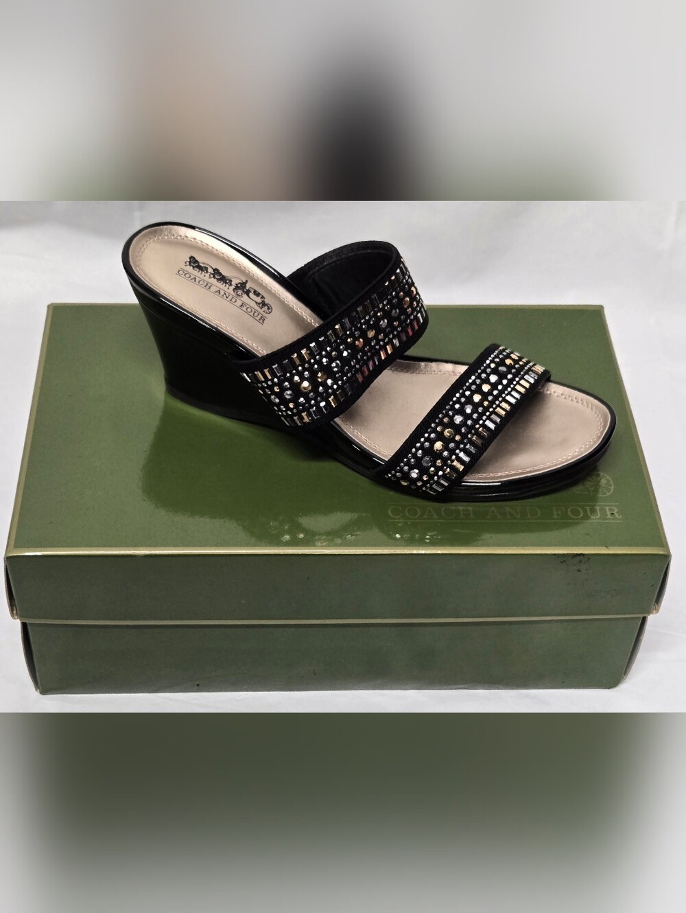 Coach And Four 7.5 Black Embellished Wedge Sandals Vander